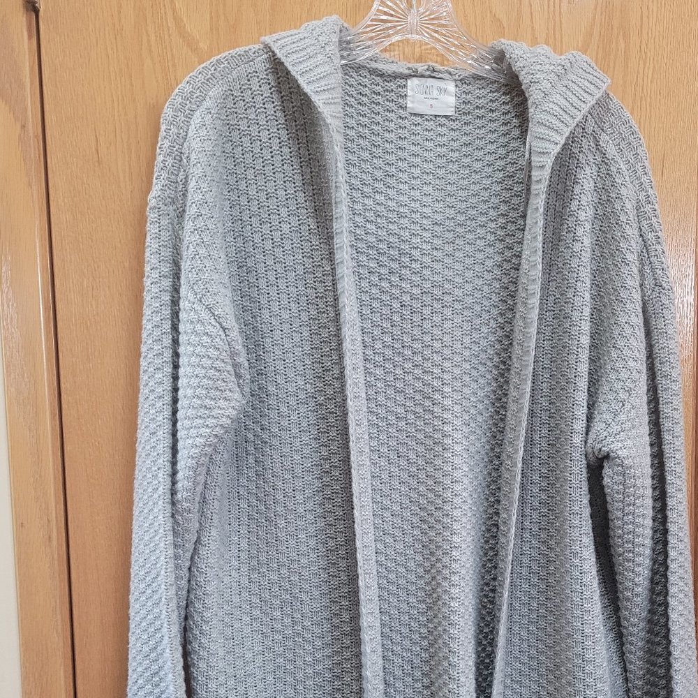 Sienna Sky Grey Cozy Cotton/Acrylic Blend Hooded Open Cardigan Size Small